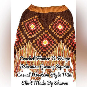 NEW Crochet Granny Square Bohemian Flower N Fringe Western Casual Skirt Tassels